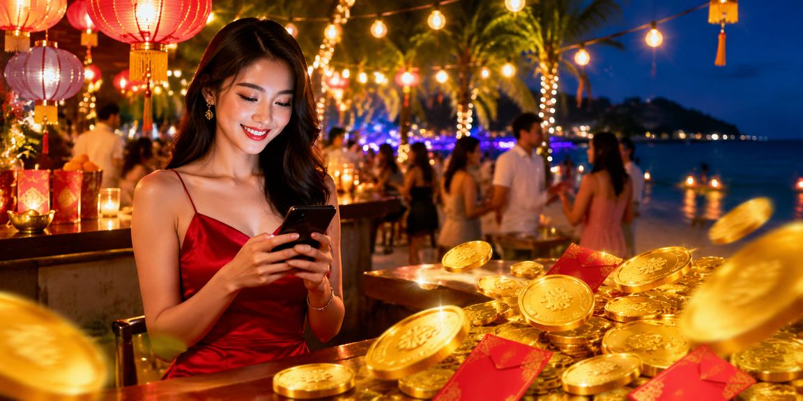 Phú Quốc về đêm với đèn lồng đỏ và phong bì may mắn – biểu tượng thưởng sự kiện kqxs90